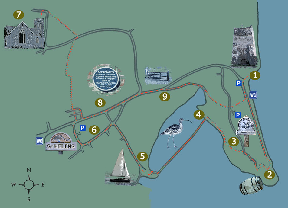 map with blue grey sea and green land with small, numbered pictures of scenes along a trail