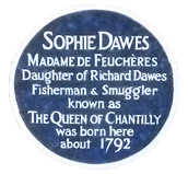 Birthplace of Sophie Dawes small circular plaque, blue, with white lettering