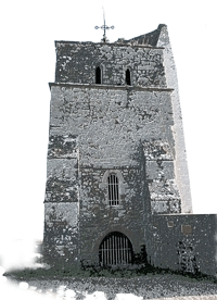 old ruined church tower, blue sky above