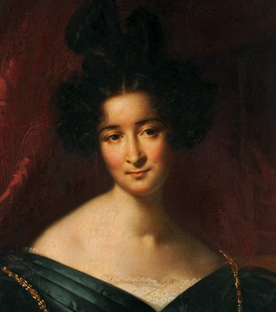 doleful portrait, head and shoulders of dark-haired woman in blue dress with large gold chain