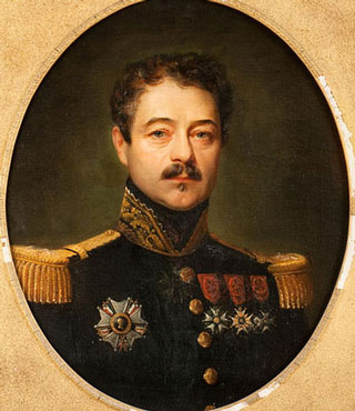 portrait of French guardsman with medals. Dark hair and moustache. Smart.